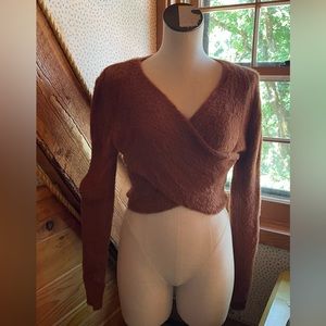 elodie Faux-Wrap, Front-Wrap Fuzzy V-neck Sweater